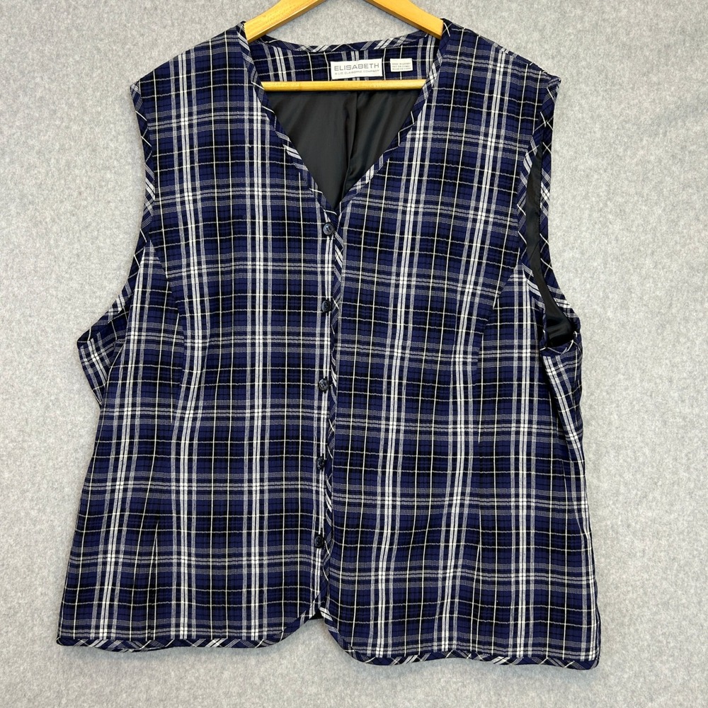 Elisabeth Liz Claiborne Vest Blue Plaid Button Front Cinch Back Vintage Size 18